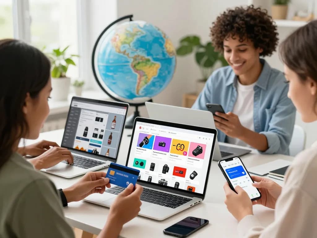 Ezzocard users enjoying secure online shopping with virtual prepaid cards in a vibrant e-commerce setting.