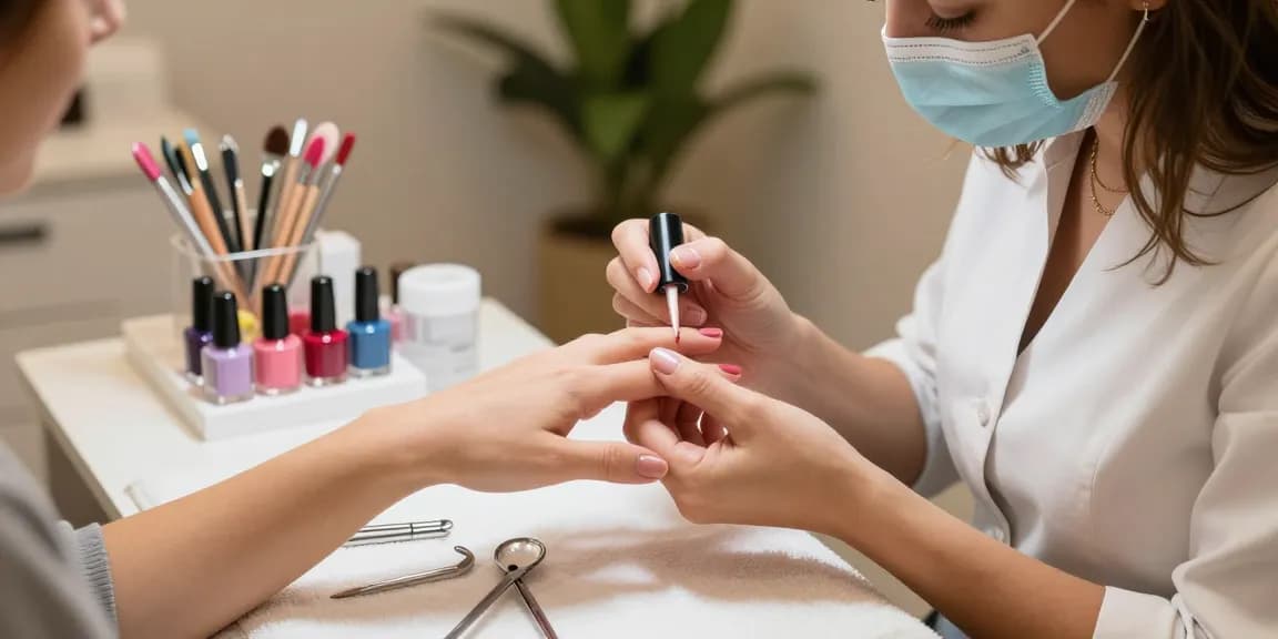 Client enjoying a manicure at Paradise Nail Beauty, highlighting hygienic 100% disposable tools and vibrant polish colors.