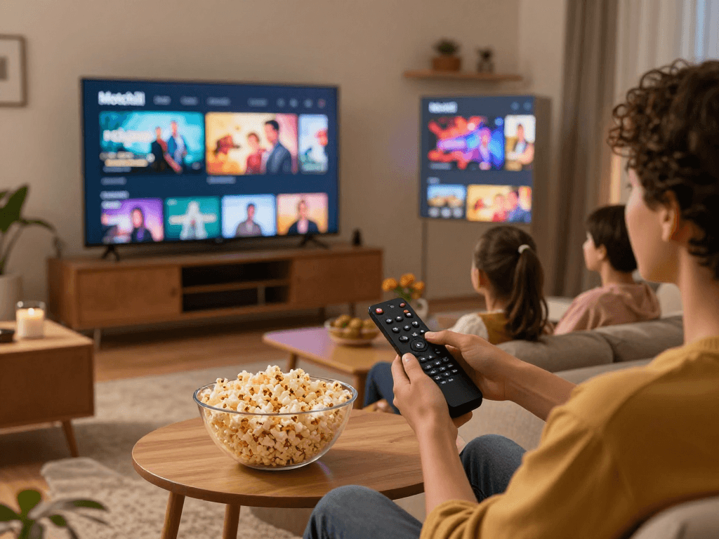 Motchill streaming interface in a cozy living room setting with family enjoying movies.