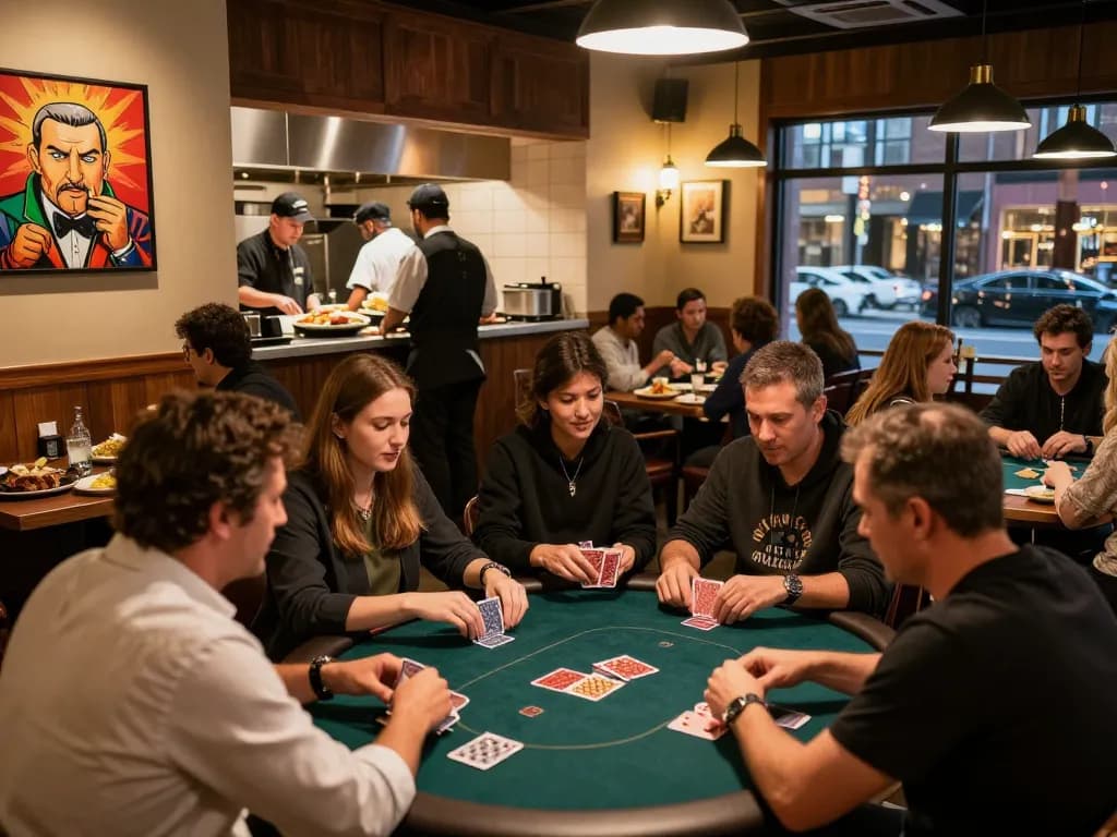 Engaging scene of diners at Pokerseri enjoying food and games in a vibrant atmosphere.