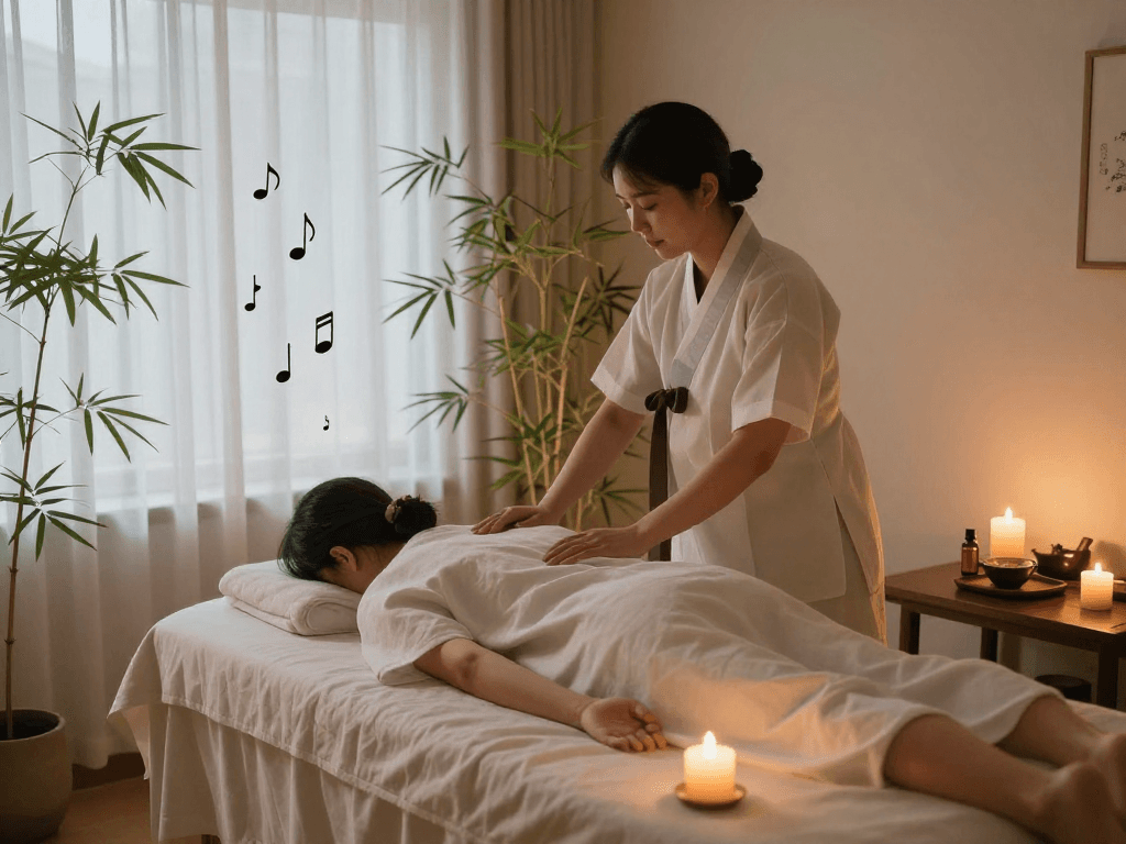 Soothing 서울출장마사지 session in a tranquil spa with warm lights and calming elements