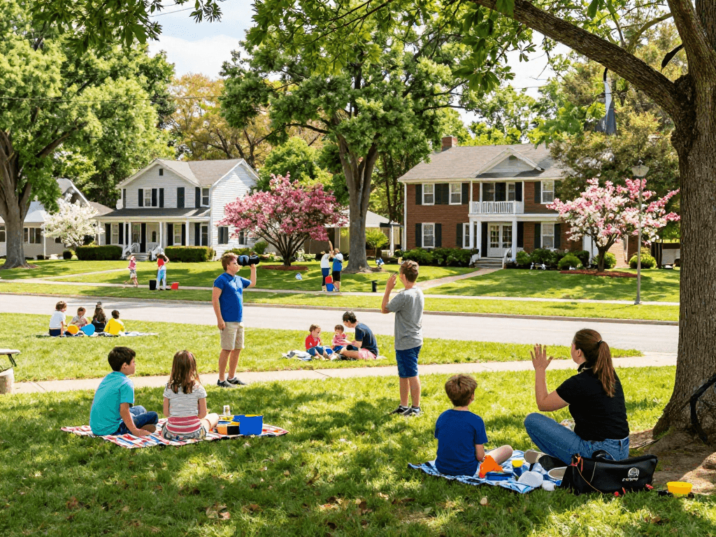 Family exploring lively neighborhood showcasing the best places to live in North Carolina.