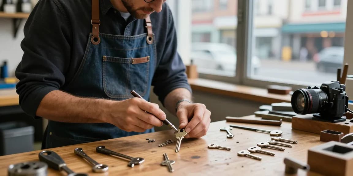Locksmith Durham NC at work, crafting custom keys in a vibrant urban workshop.