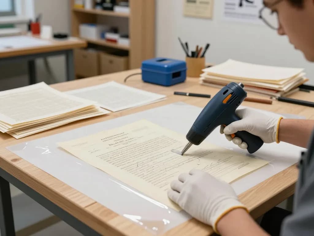 bóc sổ đỏ ép plastic restoration process with technician removing laminate safely