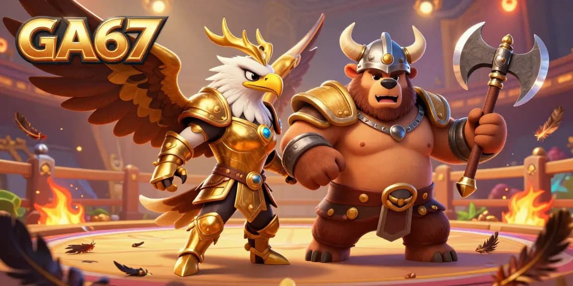 Experience the intensity of GA67's cockfighting arena with Valkyrie and Viking characters battling dynamically.