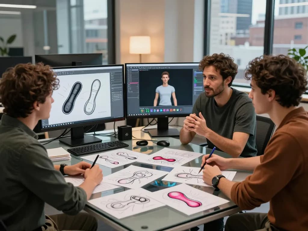 Designers collaborating on AI sex technology innovations with prototypes and sketches in a modern studio.