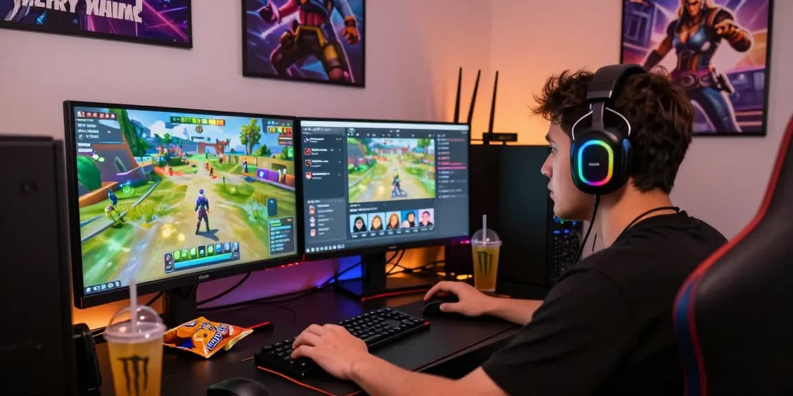 Intense gamer using Fortnite Hack in colorful esports setup during gameplay