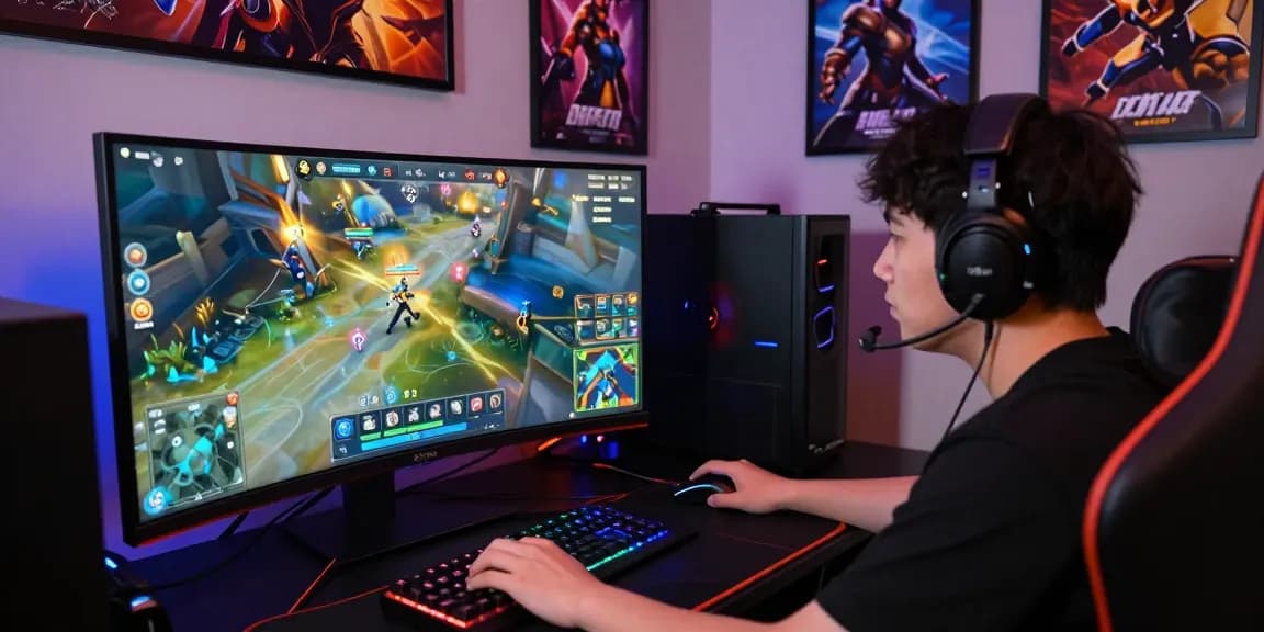 Overwatch 2 Cheats displayed in a vibrant gaming setup, featuring a focused player, strategy overlays, and colorful equipment.