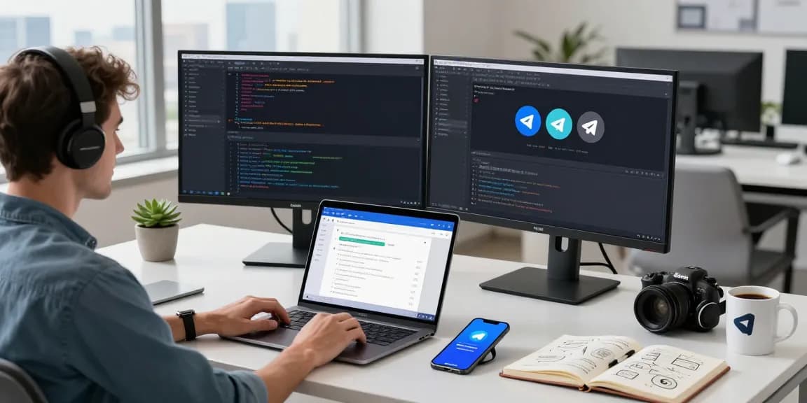 Workspace with Telegram Download interface on laptop, showcasing modern tech communication.