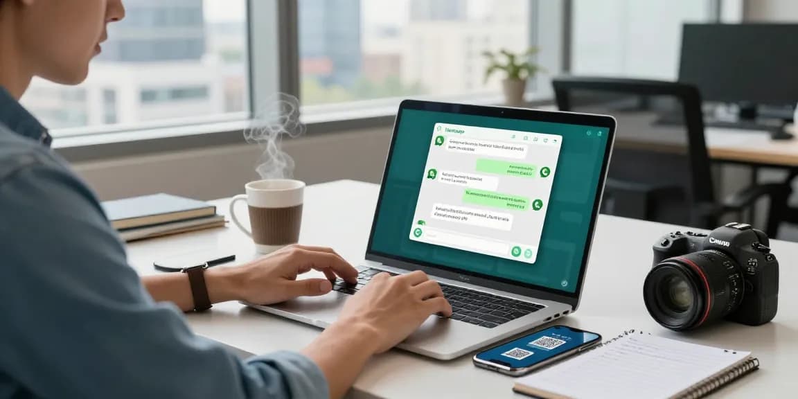 Person using WhatsApp網頁版 on a laptop in a modern office workspace, showcasing a productive environment.