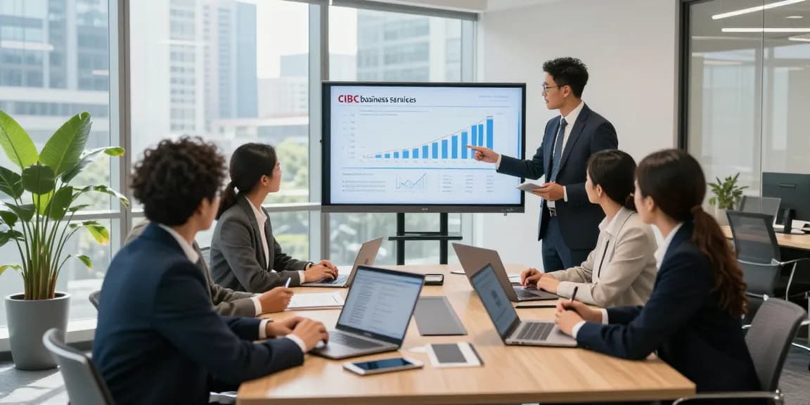Réunion d'équipe diverse discutant des services CIBC business dans un bureau moderne.