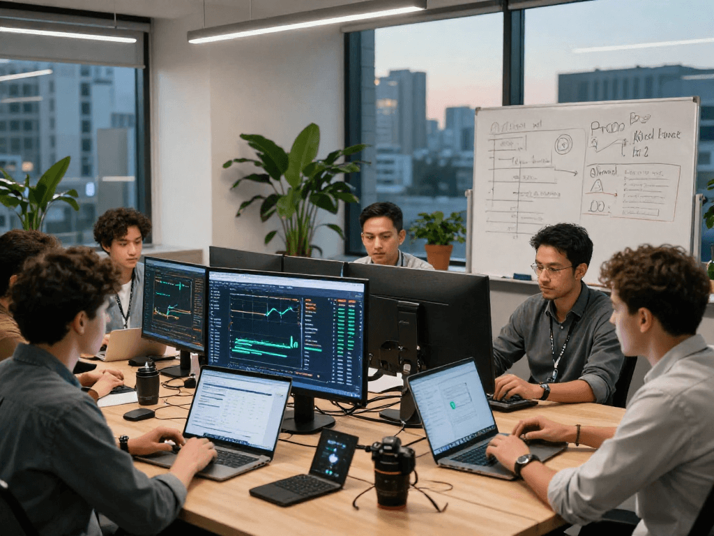 Team discussing kyber-swap platform in a modern office, showcasing cryptocurrency market data and collaboration.