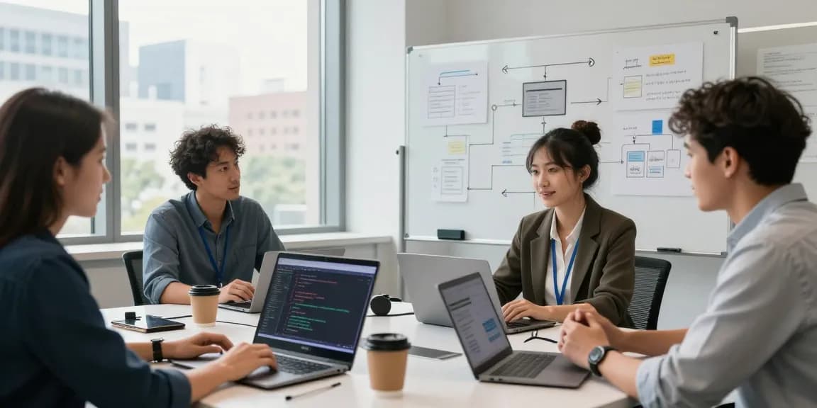 Build internal tools with AI in a vibrant tech collaboration scene with professionals coding and discussing innovative strategies.