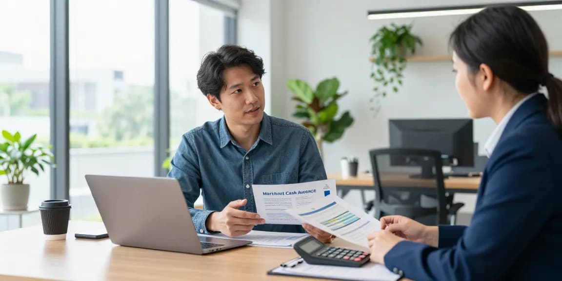 Entrepreneur discussing same day merchant cash advance in a modern office with a financial advisor, showcasing collaboration and strategy.