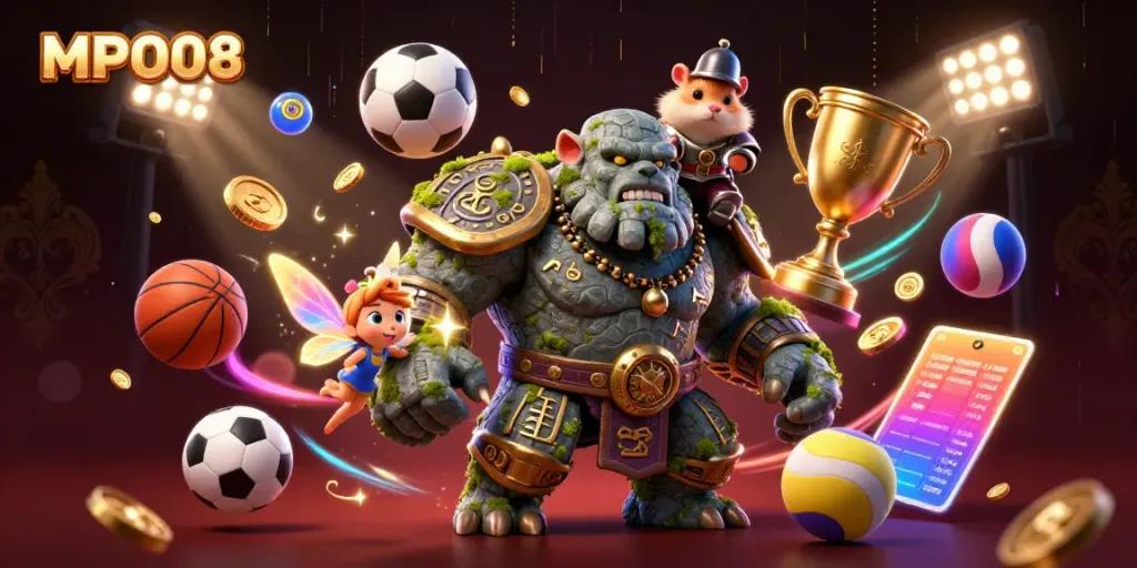 MPO08 sports-themed scene featuring a magical golem guardian with a hamster knight and fairy, enhancing the casino experience.