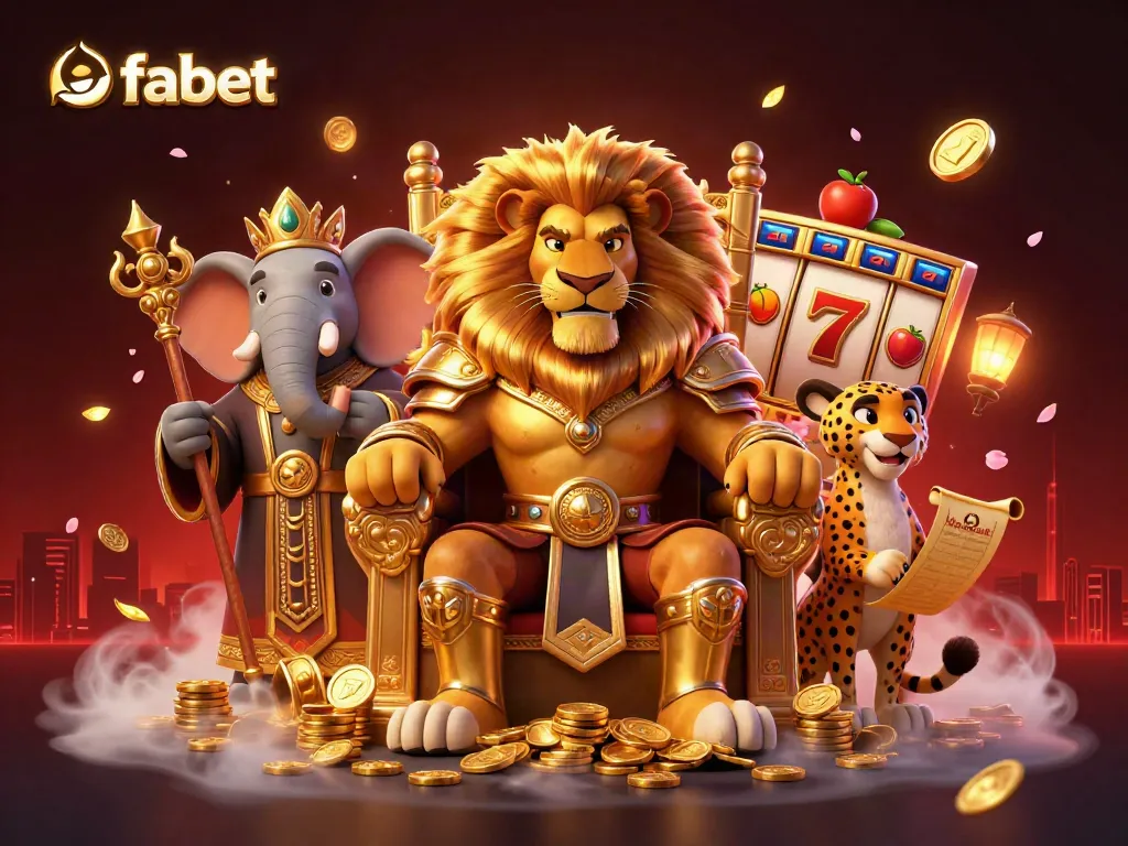 Experience the thrill of fabet with a 3D illustration of a lion king, advisor, and messenger amidst rich casino elements.