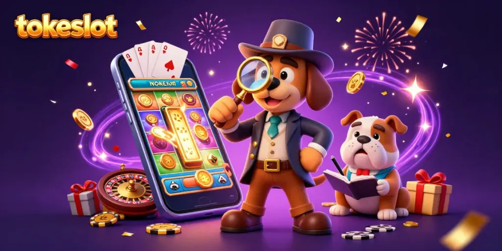 TokeSlot's cartoon detective bloodhound investigates gaming treasures in a colorful casino scene.