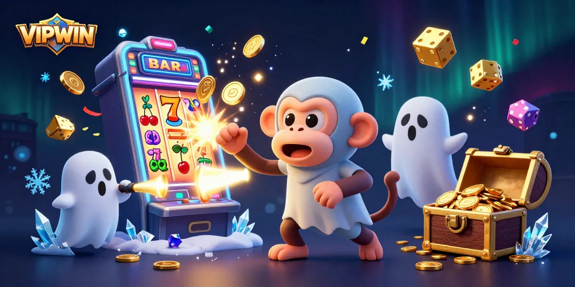 VIPWIN players experience hidden treasures in a haunted casino with an engaging monkey and puppy.