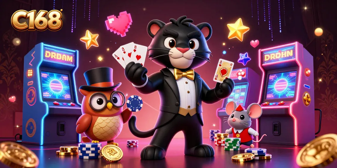 C168 brings excitement with a black panther dealer, an owl with chips, and a lucky mouse in an engaging casino scene.