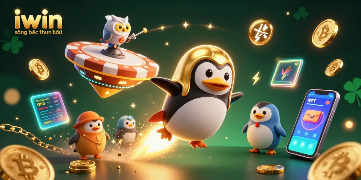 Action-packed illustration of iwin sòng bạc thượng lưu featuring a golden penguin and crypto elements.