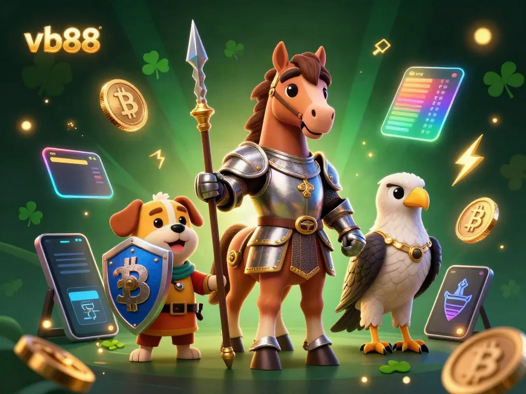 Experience the thrill with vb88 as a knight battles for glory in a vibrant casino world, surrounded by crypto elements.
