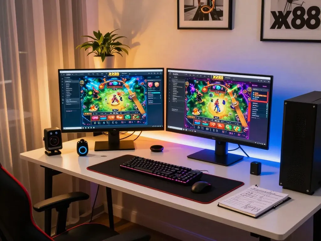 Engaging player immersed in xx88 com online gaming with strategy notes at a stylish workstation.