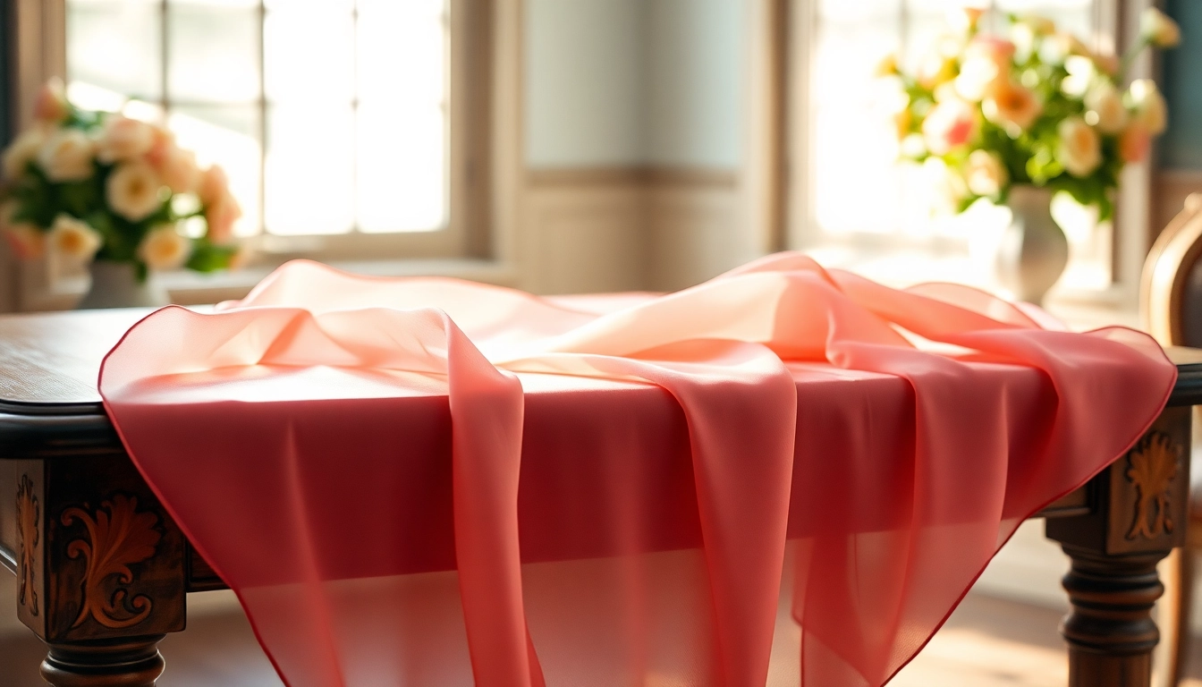 Chiffon stof prachtig gedrapeerd over een houten tafel met delicate bloemen in de achtergrond.
