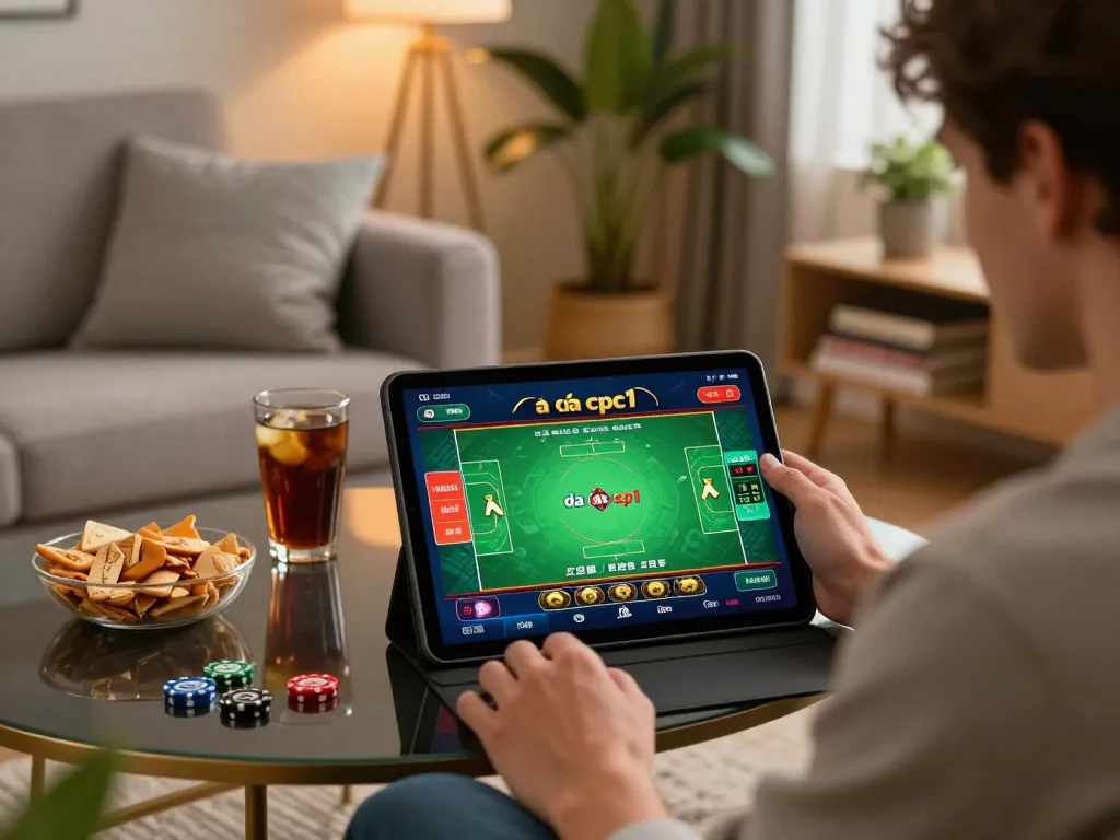Watch exciting video đá gà cpc1 tournaments live on a tablet in a cozy home setup with snacks.