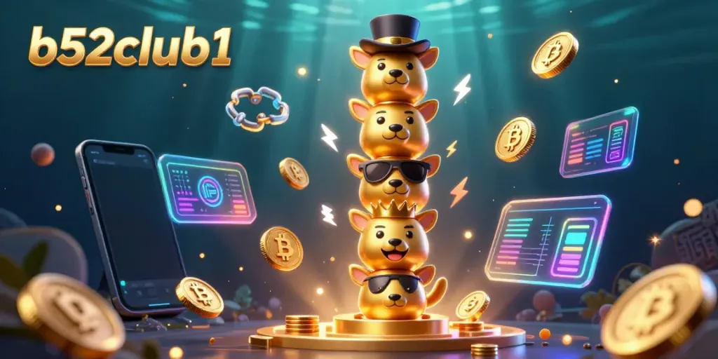 Engage in thrilling gaming with the b52club1 animated totem pole and crypto elements in a vibrant scene.