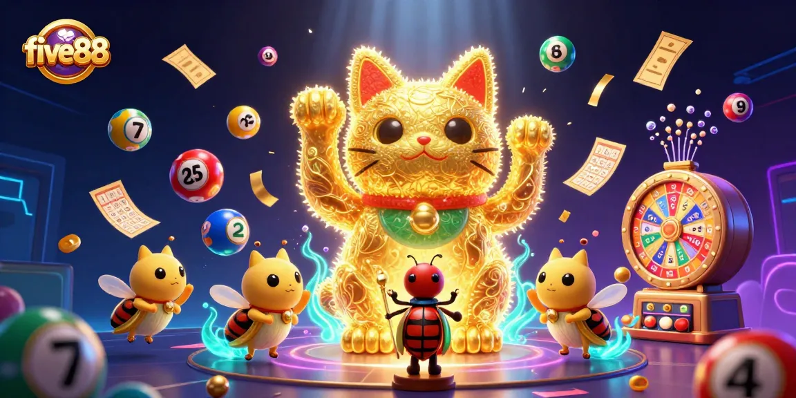 Capture exciting five88 casino moments with vibrant visuals of a lucky cat and multiple game elements.