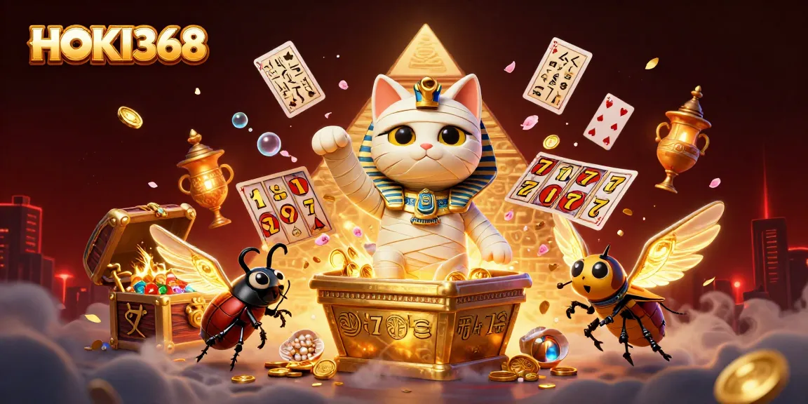 Engage with the thrilling HOKI368 experience featuring a cartoon Egyptian mummy cat in a vibrant casino scene.