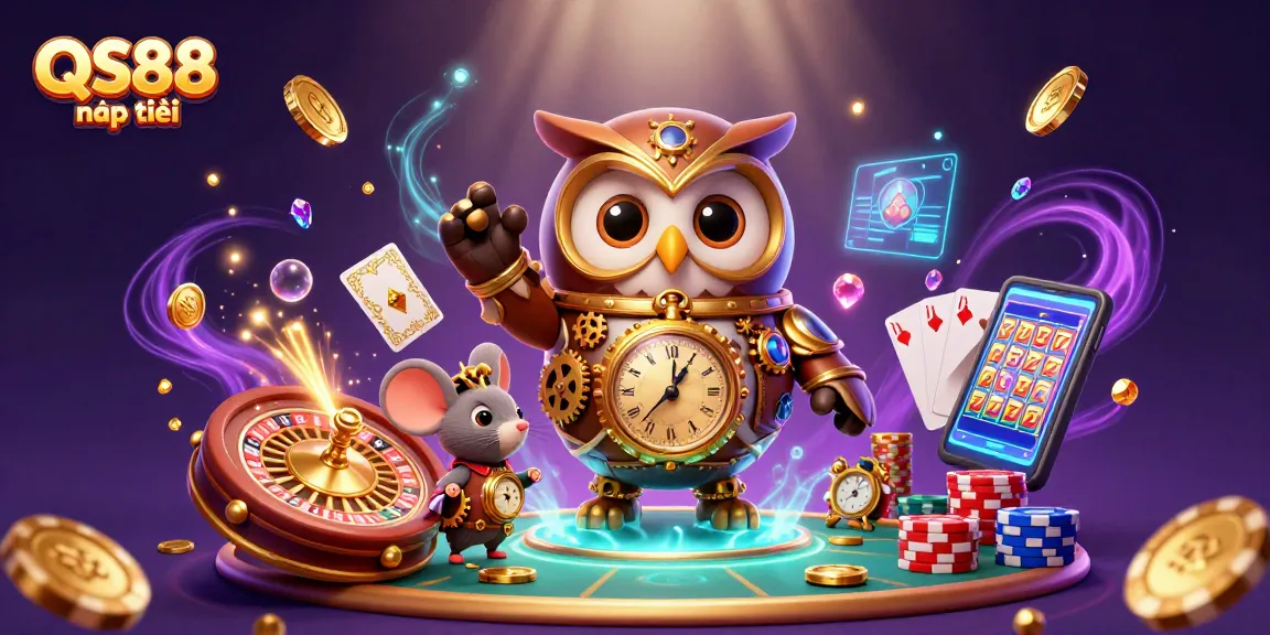 Experience the excitement of QS88 nạp tiền with a dynamic casino illustration showcasing vibrant characters and rich gambling elements.