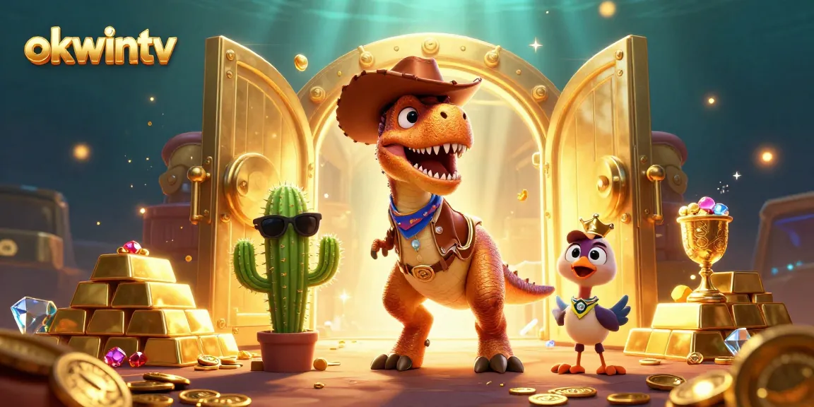 Experience thrilling moments with okwintv as a T-Rex cowboy and friends win big in a vibrant casino.