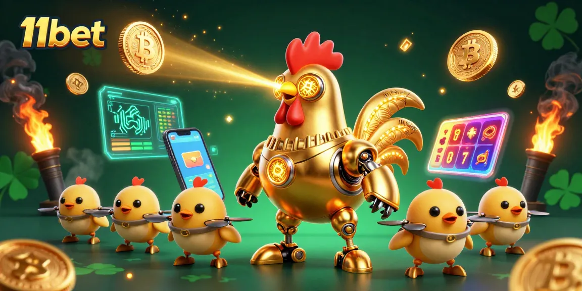 Engage with 11bet using a vibrant 3D illustration of a golden rooster robot and baby chick drones in a dynamic casino scene.