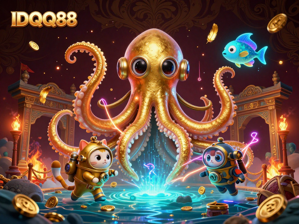 Experience thrilling wins with IDQQ88 amid a kraken and diving cat in this 3D casino illustration.