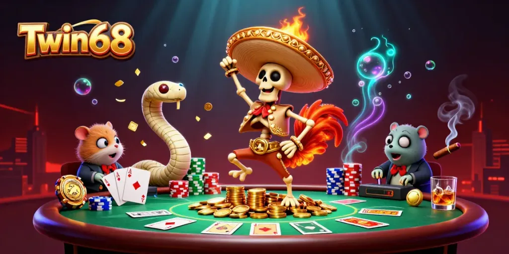 Engage with Twin68's vibrant casino scene featuring a colorful skeleton mariachi rooster, mummy snake, and a DJ hamster.