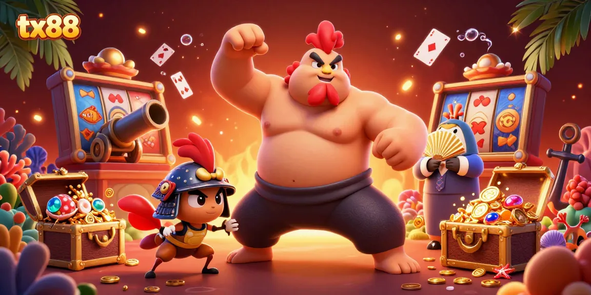 Experience the dynamic excitement of tx88 with cartoon characters in a vibrant casino scene filled with slot reels and treasures.