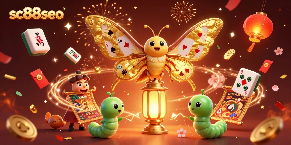 Engage in exciting gameplay with SC88SEO featuring a vibrant casino scene of golden butterflies and festive elements.