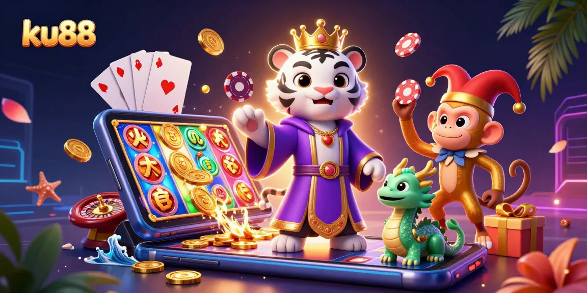Engage in exciting casino thrills with ku88, a vibrant 3D depiction of characters surrounded by gaming elements.