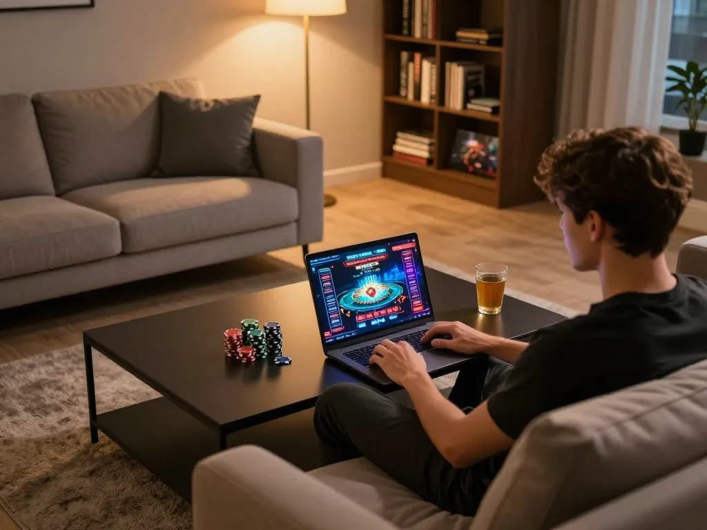 Person enjoying online gaming at home while engaging with nhacaiuytinn platform for strategic bets.