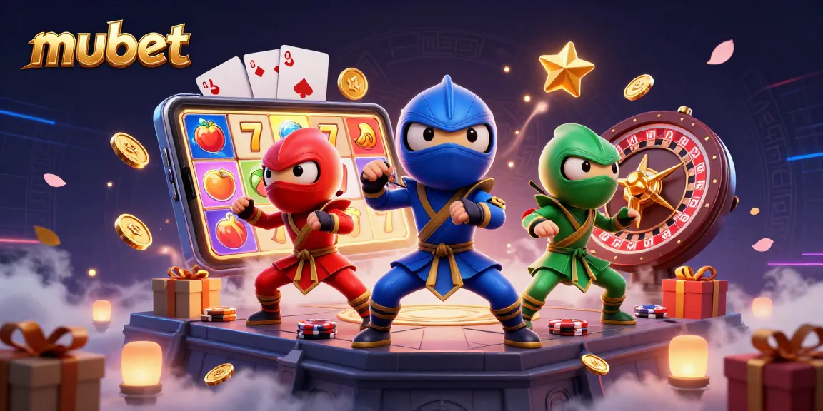 Experience thrilling gaming at mubet with ninja chameleons battling amidst vibrant casino elements.