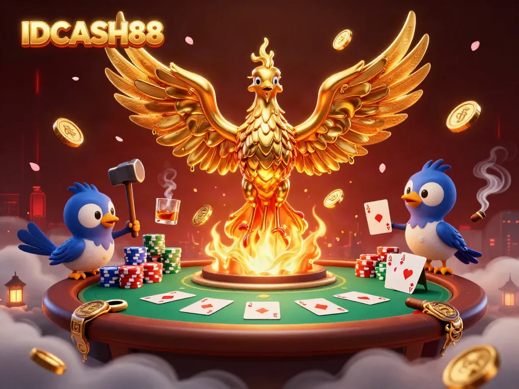 Experience the thrilling gaming adventure at IDCASH88 with vibrant visuals of a molten phoenix amidst casino action.