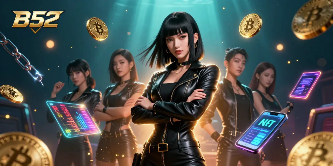 Engage with B52 in a vibrant 3D casino scene featuring neon cryptocurrency elements and Bitcoin.