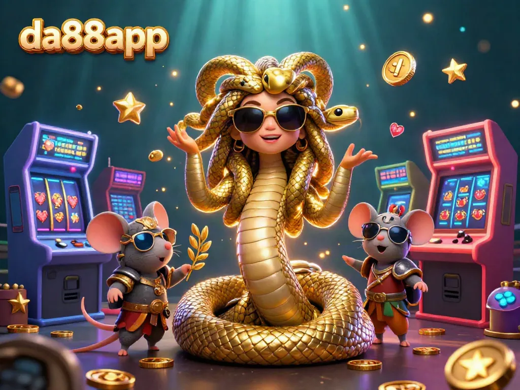 Experience slot excitement with da88app in a vibrant 3D casino illustration featuring Medusa and a warrior mouse.
