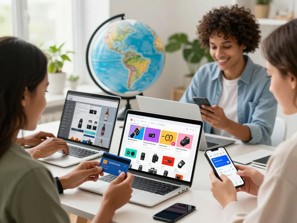Ezzocard users enjoying secure online shopping with virtual prepaid cards in a vibrant e-commerce setting.