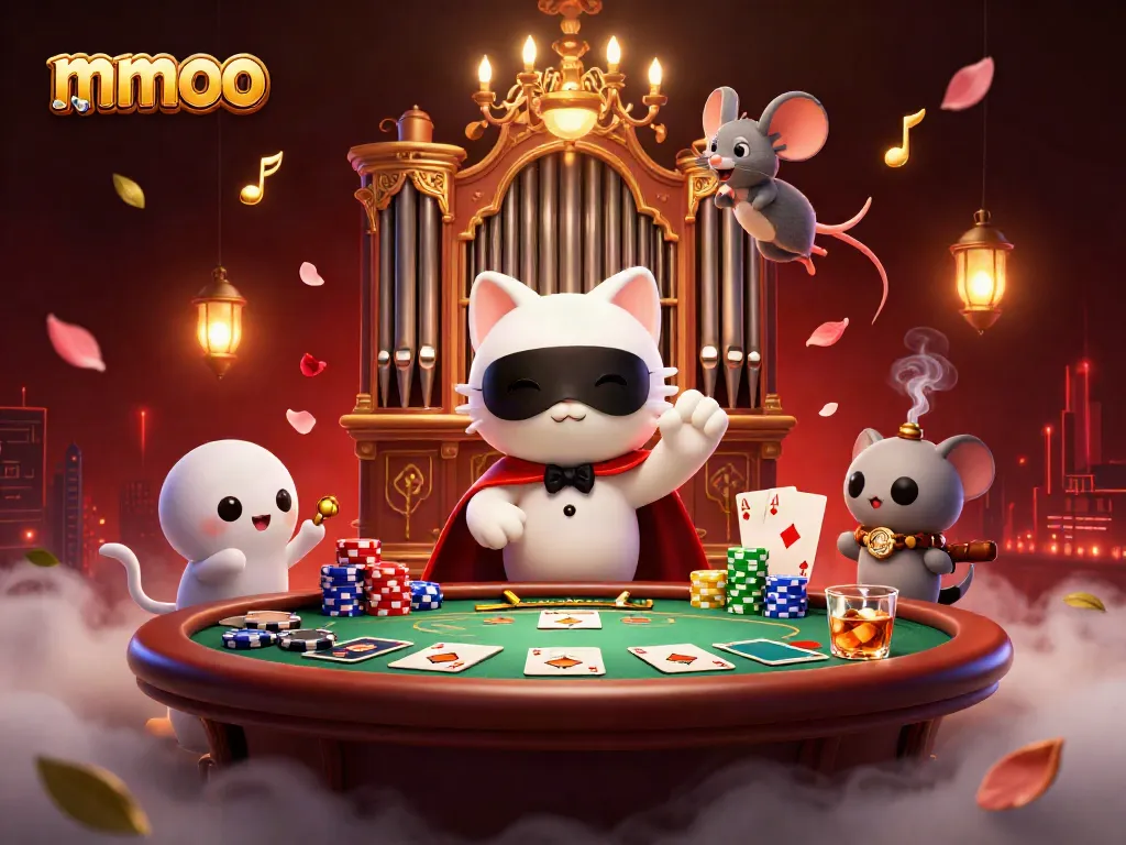 Experience thrilling gameplay with mmoo in a vibrant casino scene filled with dramatic characters and game elements.