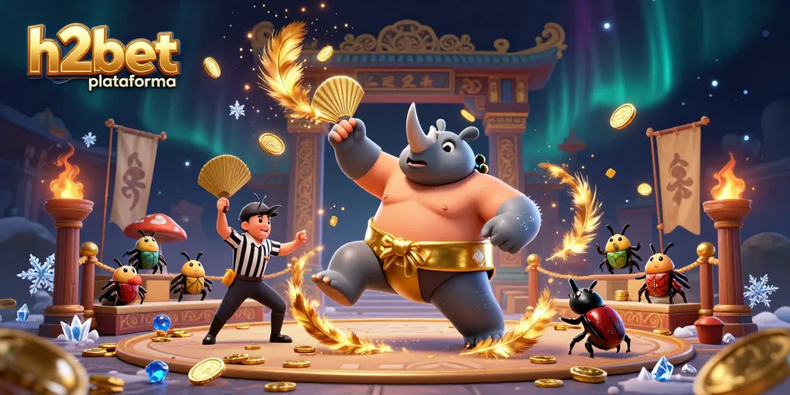 Promover a h2bet plataforma com um vibrante campeão besouro de sumô e uma cena rica em detalhes de cassino
