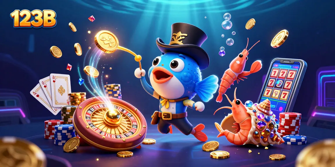 123B engages players with vibrant underwater casino action featuring glowing coins and dynamic game elements.