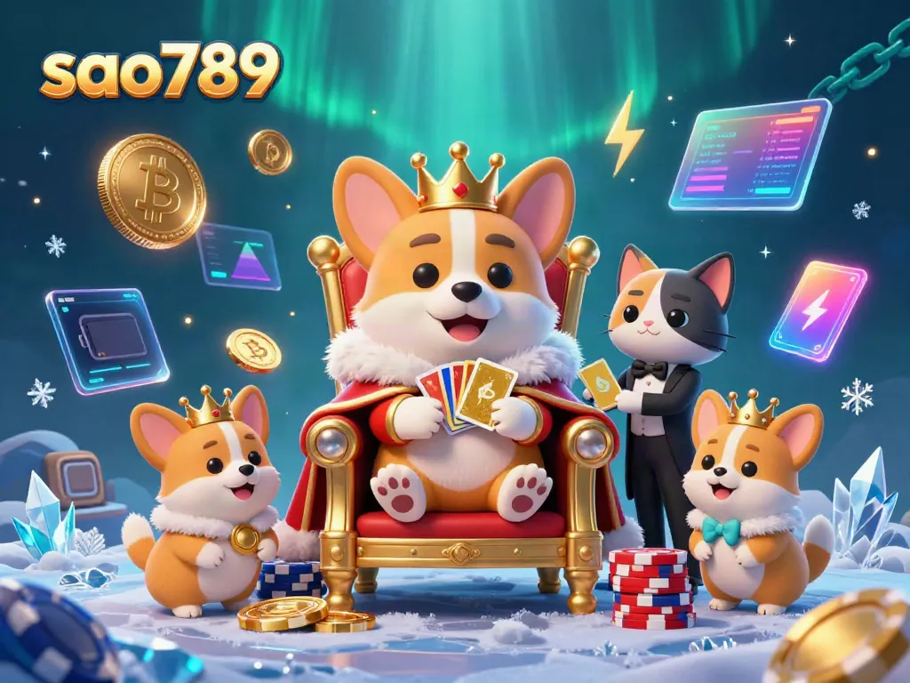 Win big with sao789 at a vibrant casino scene featuring a corgi king and crypto elements.