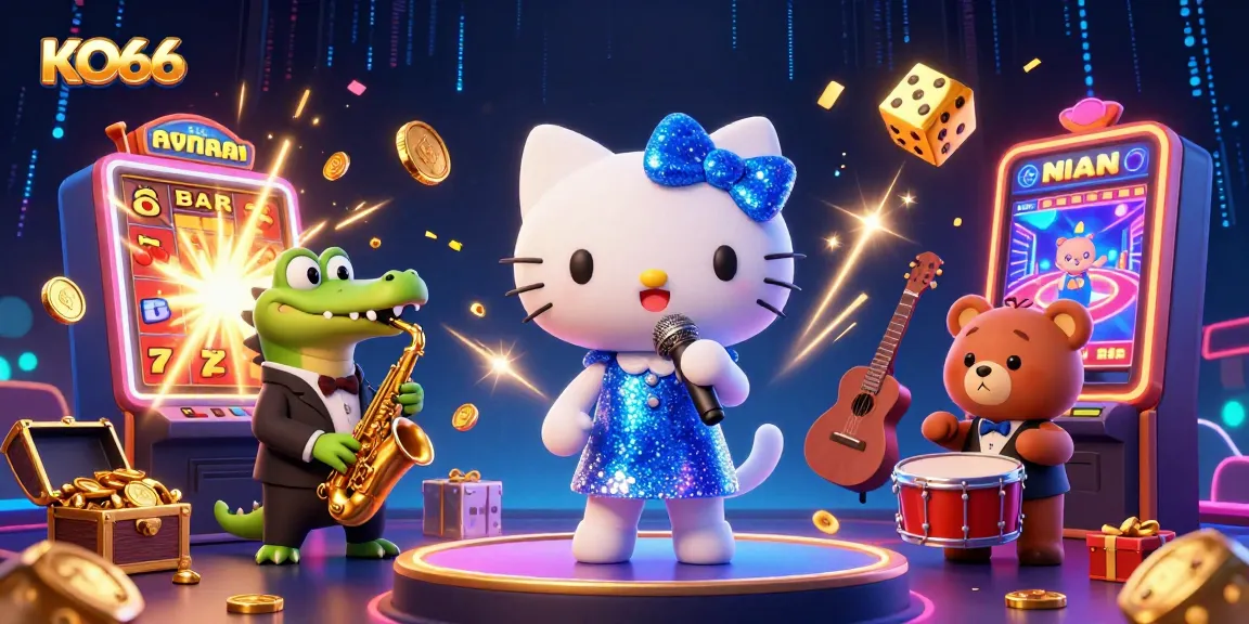Immerse in KO66's vibrant slot action with a cat singer, crocodile saxophonist, and bear drummer on stage.